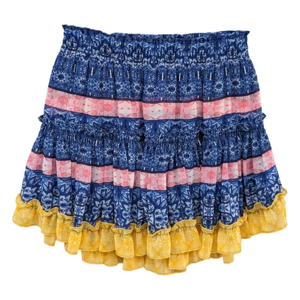 Misa Los Angeles Blue Pink Yellow Tiered Mini Skirt
